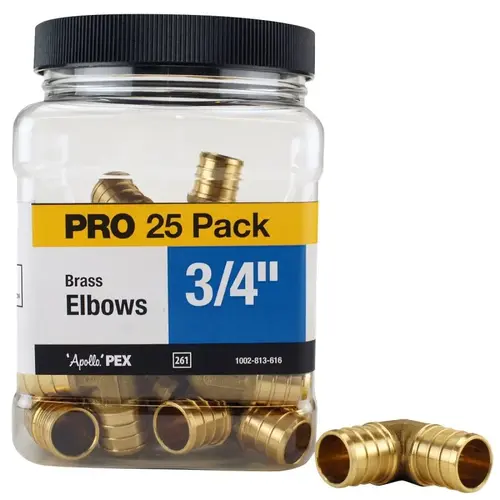 Pipe Elbow, 3/4 in, Barb, 90 deg Angle, Brass, 200 psi Pressure - pack of 25