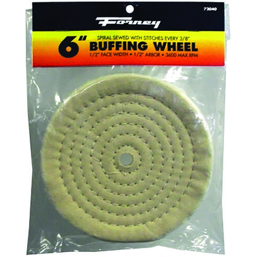 Forney 72040 Buffing Wheel, 6 in Dia, 1/2 in Thick, 1/2 in Arbor, Cotton