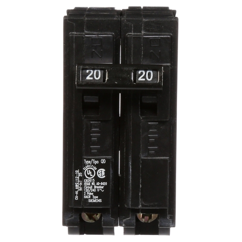 Circuit Breaker, Low Voltage, QD, 20 A, 2 -Pole, 120/240 VAC, Plug Mounting Black