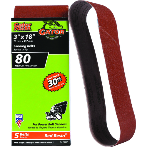 7032 Sanding Belt, 3 in W, 18 in L, 80 Grit, Medium, Aluminum Oxide Abrasive - pack of 5