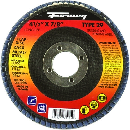 Forney 71927 Flap Disc, 4-1/2 in Dia, 7/8 in Arbor, 60 Grit, Medium, Zirconia Aluminum Abrasive Blue