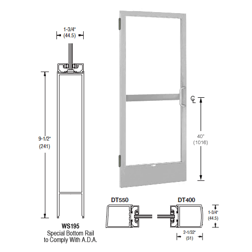 CRL-U.S. Aluminum CZ22511R136 Clear Anodized 250 Series Narrow Stile Inactive Leaf of Pair 3'0 x 7'0 Offset Hung with Butt Hinges for Surface Mount Closer Complete Panic Door with Standard Panic and 9-1/2" Bottom Rail