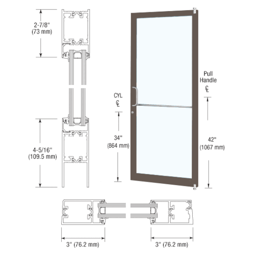CRL-U.S. Aluminum 1D21222 Dark Bronze/Black Anodized Class 1 Custom Single Series 250T Narrow Stile Offset Pivot Thermal Entrance Door for Surface Mount Door Closer