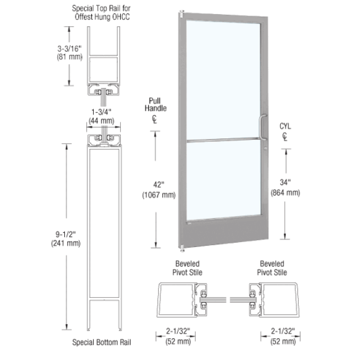 CRL-U.S. Aluminum CD21111R036105 Clear Anodized 250 Series Narrow Stile (LHR) HLSO Single 3'0 x 7'0 Offset Hung with Offset Pivots for OHCC 105 degree Closer Complete ADA Door(s) with Lock Indicator, Cylinder Guard