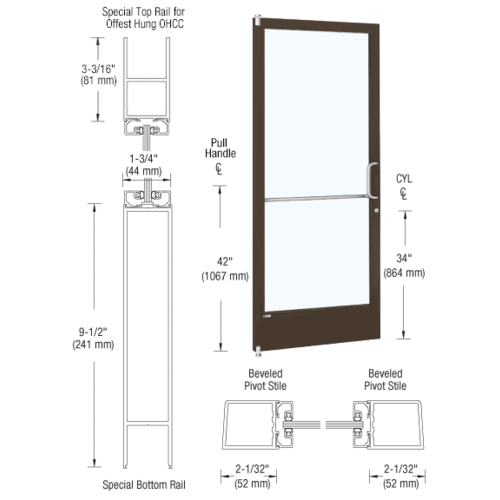 CRL-U.S. Aluminum CD21122R036105 Bronze Black Anodized 250 Series Narrow Stile (LHR) HLSO Single 3'0 x 7'0 Offset Hung with Offset Pivots for OHCC 105 degree Closer Complete ADA Door(s) with Lock Indicator, Cyl Guard