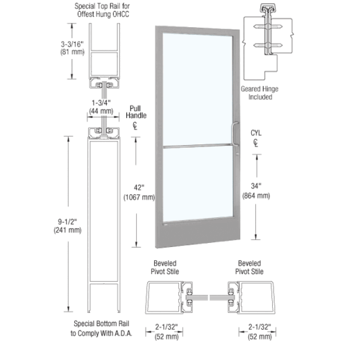 Clear Anodized 250 Series Narrow Stile (LHR) HLSO Single 3'0 x 7'0 Offset Hung with Geared Hinged for OHCC 105 degree Closer Complete ADA Door(s) with Lock Indicator, Cylinder Guard