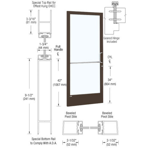Bronze Black Anodized 250 Series Narrow Stile (LHR) HLSO Single 3'0 x 7'0 Offset Hung with Geared Hinged for OHCC 105 degree Closer Complete ADA Door(s) with Lock Indicator, Cyl Guard
