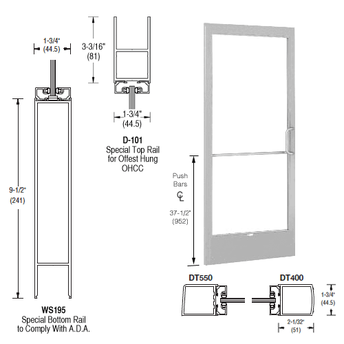 Clear Anodized 250 Series Narrow Stile Inactive Leaf of Pair Offset Hung with Offset Pivots for OHCC 105 degree Closer Complete ADA Door(s) with Lock Indicator, Cylinder Guard