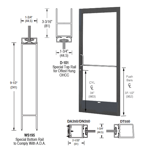 Bronze Black Anodized 250 Series Narrow Stile Active Leaf of Pair Offset Hung with Offset Pivots for OHCC 105 degree Closer Complete ADA Door(s) with Lock Indicator, Cyl Guard