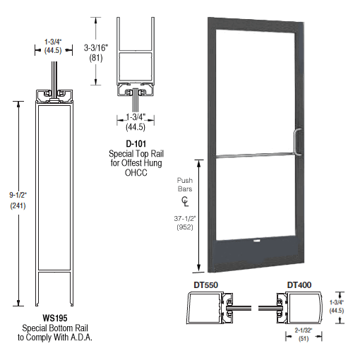 Bronze Black Anodized 250 Series Narrow Stile Inactive Leaf of Pair Offset Hung with Offset Pivots for OHCC 105 degree Closer Complete ADA Door(s) with Lock Indicator, Cyl Guard