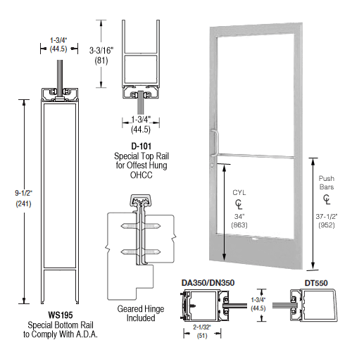 CRL-U.S. Aluminum CD22911LA36105 Clear Anodized 250 Series Narrow Stile Active Leaf of Pair Offset Hung with Geared Hinged for OHCC 105 degree Closer Complete ADA Door(s) with Lock Indicator, Cyl Guard