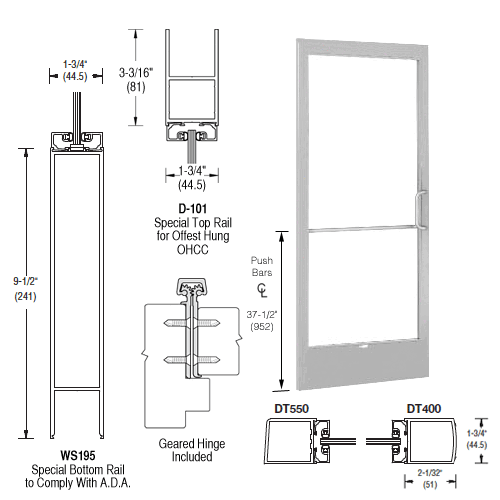 Clear Anodized 250 Series Narrow Stile Inactive Leaf of Pair Offset Hung with Geared Hinged for OHCC 105 degree Closer Complete ADA Door(s) with Lock Indicator, Cyl Guard