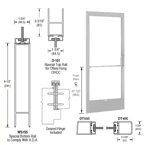 CRL-U.S. Aluminum CD22911R136105 Clear Anodized 250 Series Narrow Stile Inactive Leaf of Pair Offset Hung with Geared Hinged for OHCC 105 degree Closer Complete ADA Door(s) with Lock Indicator, Cyl Guard