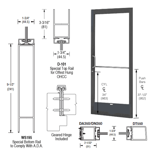 CRL-U.S. Aluminum CD22922LA36105 Bronze Black Anodized 250 Series Narrow Stile Active Leaf of Pair Offset Hung with Geared Hinged for OHCC 105 degree Closer Complete ADA Door(s) with Lock Indicator, Cyl Guard