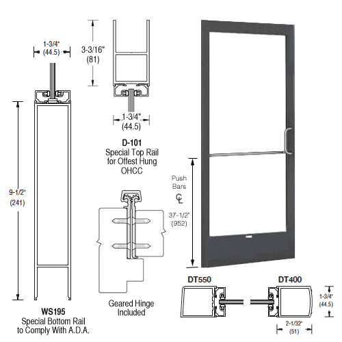 Bronze Black Anodized 250 Series Narrow Stile Inactive Leaf of Pair Offset Hung with Geared Hinged for OHCC 105 degree Closer Complete ADA Door(s) with Lock Indicator, Cyl Guard