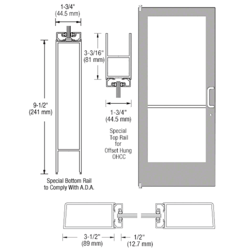 Clear Anodized Standard Single 36" x 84" Series 400 Medium Stile Right Side Latch Offset Pivot Entrance Door for 105 degree Overhead Concealed Door Closer