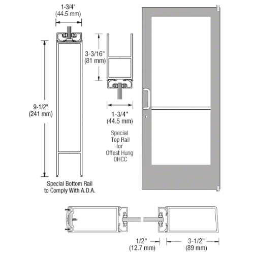 CRL-U.S. Aluminum CD42111LA36105 Clear Anodized Single Active Leaf of Pair 36" x 84" Series 400 Medium Stile Offset Pivot Entrance Door For Overhead Concealed Door Closer