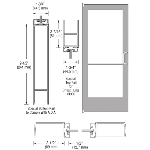 CRL-U.S. Aluminum CD42111R136105 Clear Anodized Single Inactive Leaf of Pair 36" x 84" Series 400 Medium Stile Offset Pivot Entrance Door For Overhead Concealed Door Closer