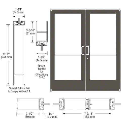 Bronze Black Anodized Custom Pair Series 400 Medium Stile Offset Pivot Entrance Doors for Overhead Concealed Door Closers