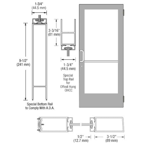 CRL-U.S. Aluminum CD42411LA36105 Clear Anodized Single Active Leaf of Pair 36" x 84" Series 400 Medium Stile Left Side Latch Butt Hinged Entrance Door for 105 degree Overhead Concealed Door Closer