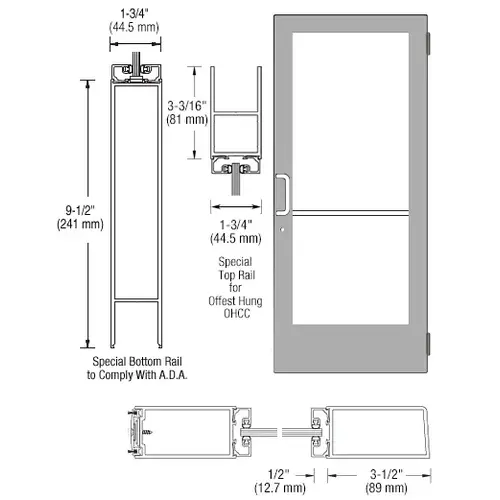 CRL-U.S. Aluminum CD42411LA36105 Clear Anodized Single Active Leaf of Pair 36" x 84" Series 400 Medium Stile Left Side Latch Butt Hinged Entrance Door for 105 degree Overhead Concealed Door Closer