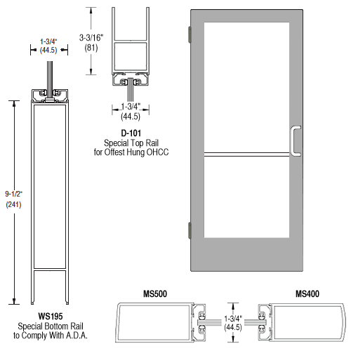 Clear Anodized Single Inactive Leaf of Pair 36" x 84" Series 400 Medium Stile Right Side Latch Butt Hinged Entrance Door for 105 degree Overhead Concealed Door Closer
