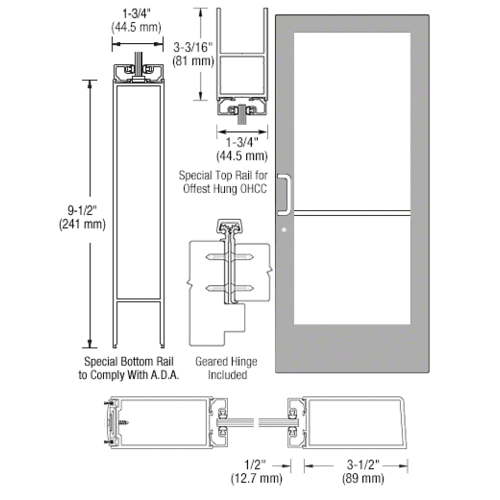 Clear Anodized Single Active Leaf of Pair 36" x 84" Series 400 Medium Stile Left Side Latch Geared Hinge Entrance Door for 105 degree Overhead Concealed Closers - A.D.A. Access Bottom Rail