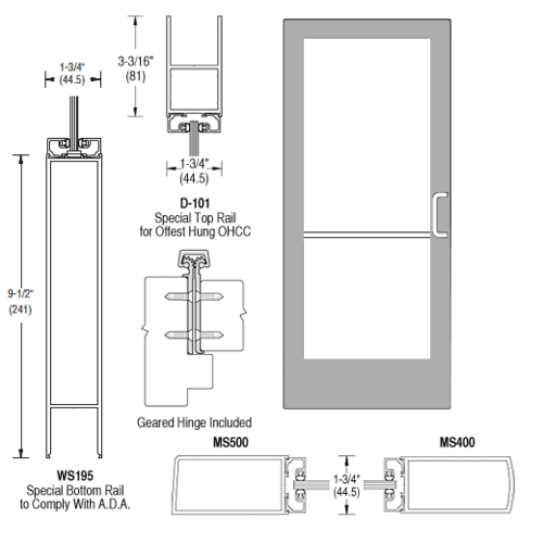 Clear Anodized Single Inactive Leaf of Pair 36" x 84" Series 400 Medium Stile Right Side Latch Geared Hinge Entrance Door for 105 degree Overhead Concealed Closers - A.D.A. Access Bottom Rail