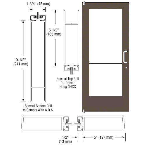 Bronze Black Anodized Single 36" x 84" Series 550 Wide Stile Right Side Latch Offset Pivot Entrance Door for 105 degree Overhead Concealed Door Closer