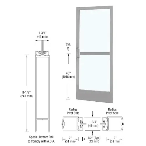 CRL-U.S. Aluminum CZ21711L036 Clear Anodized 250 Series Narrow Stile (RHR) HRSO Single 3' x 7' Center Hung for OHCC with Standard Push Bars Complete Panic Door with Standard Panic and 9-1/2" Bottom Rail