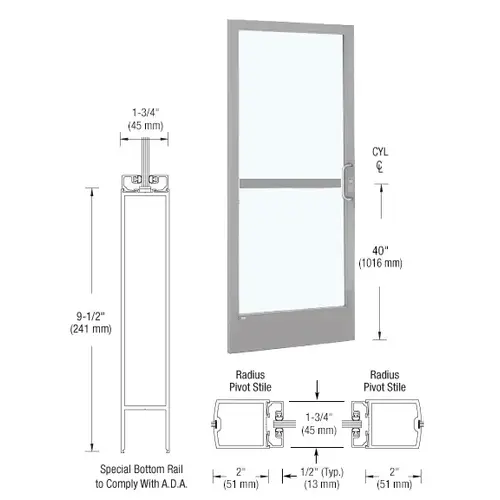 CRL-U.S. Aluminum CZ21711R036 Clear Anodized 250 Series Narrow Stile (LHR) HLSO Single 3' x 7' Center Hung for OHCC with Standard Push Bars Complete Panic Door with Standard Panic and 9-1/2" Bottom Rail