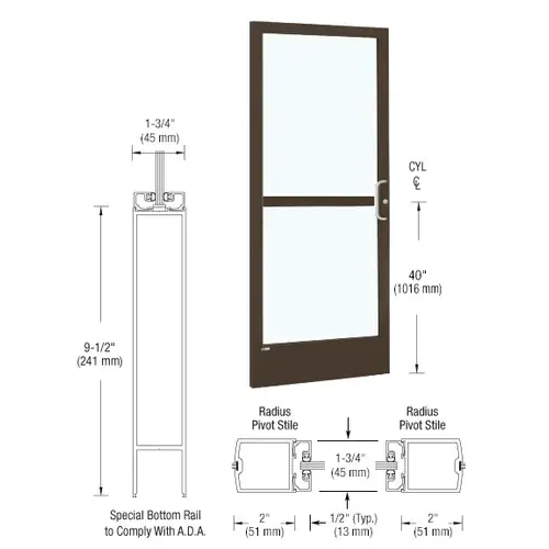 CRL-U.S. Aluminum CZ21722R036 Bronze Black Anodized 250 Series Narrow Stile (LHR) HLSO Single 3'0 x 7'0 Center Hung for OHCC w/Standard Push Bars Complete Panic Door with Std. Panic & 9-1/2" Bottom Rail