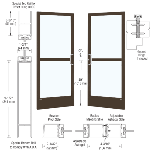CRL-U.S. Aluminum CZ229220072105 Bronze Black Anodized 250 Series Narrow Stile Pair 6'0 x 7'0 Offset Hung with Geared Hinged for OHCC 105 Degree Closer Complete Panic Door with Standard Panic and 9-1/2" Bottom Rail