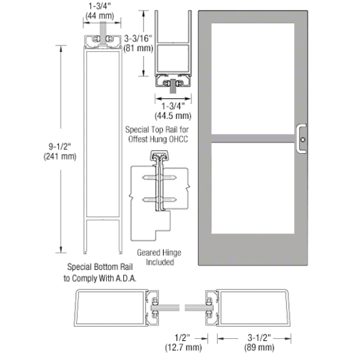 CRL-U.S. Aluminum CZ41911R036105 Clear Anodized Single 36" x 84" Series 400 Medium Stile Right Side Latch Geared Hinge Entrance Door With Panic for 105 Degree Overhead Concealed Door Closer
