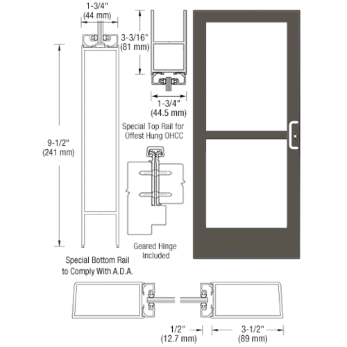 Bronze Black Anodized Single 36" x 84" Series 400 Medium Stile Right Side Latch Geared Hinge Entrance Door With Panic for 105 Degree Overhead Concealed Door Closer
