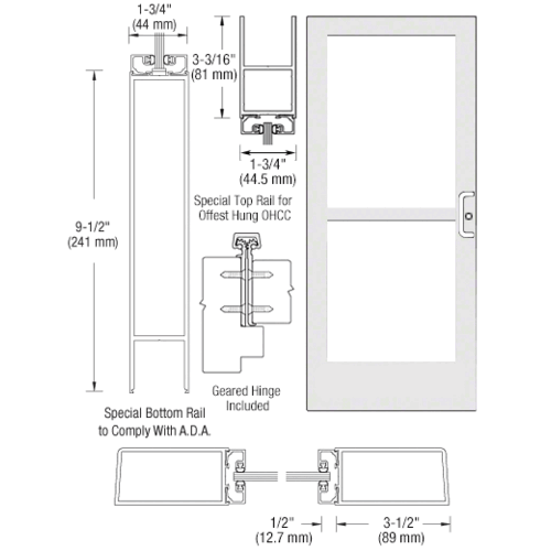 CRL-U.S. Aluminum CZ41952R036105 White KYNAR Paint Single 36" x 84" Series 400 Medium Stile Right Side Latch Geared Hinge Entrance Door With Panic for 105 Degree Overhead Concealed Door Closer