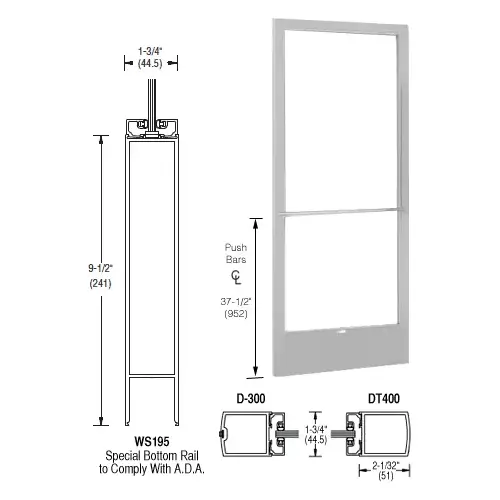 CRL-U.S. Aluminum DE22711R136 Clear Anodized 250 Series Narrow Stile Inactive Leaf of Pair 3'0 x 7'0 Center Hung for OHCC w/Standard Push Bars Complete Door Std. Lock & 9-1/2" Bottom Rail