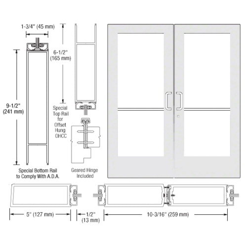 CRL-U.S. Aluminum DE52952 White KYNAR Paint Custom Pair Series 550 Wide Stile Geared Hinge Entrance Doors for Overhead Concealed Door Closers