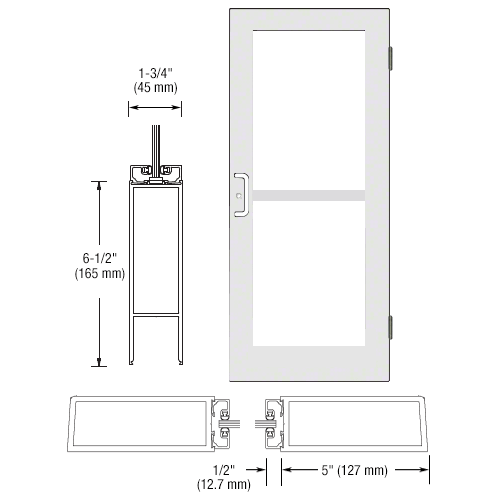 CRL-U.S. Aluminum DZ51552 White KYNAR Paint Custom Single Series 550 Wide Stile Butt Hinged Entrance Door For Panics and Surface Mount Door Closers