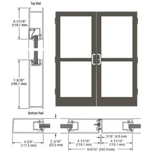 CRL-U.S. Aluminum SZ42522 Dark Bronze/Black Anodized Class 1 Custom Pair StormFront Series IG500 StormFront Butt Hinged Entrance Doors For Panics and Surface Mount Door Closers