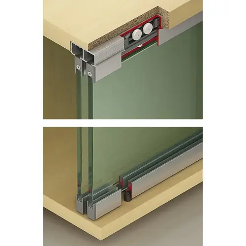 Sliding Door Hardware, Hawa Clipo 36 GPPK IF, set with top and bottom glass retaining profile and concealed bottom guide with zero clearance For 1 glass door; max door weight: 79 lbs (36 kg), GPPK Running gear: Zinc alloy Suspension: Zinc alloy Guide: Zinc alloy Guide: Plastic Rollers: Plastic Axis: Steel