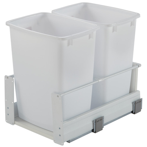 Waste Bin Pull-Out, Hafele Matrix, Double 49 l / 49 l 2 x 52 qt Min. 24" Frame: white, bottom and back: white melamine, bin: white; 2 x 52 qt Frame: Steel Bottom & back: Particle board Bin: Plastic