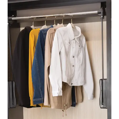 Wardrobe Lift, Motorized 635 - 686 mm 45 lbs Extended - Vertical lowering range of clothes rail: (50") 1270 mm 25 - 29" Extended lift, 25-29" width; 45 lbs. capacity, chrome/chrome/white Housing: Black, Tube and Arm: Chrome