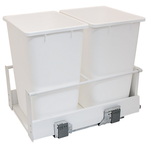 Waste Bin Pull-Out, Hafele Matrix, Double 34 l / 34 l 2 x 36 qt Min. 19 1/4" Frame: white, bottom and back: white melamine, bin: white; 2 x 36 qt Frame: Steel Bottom & back: Particle board Bin: Plastic