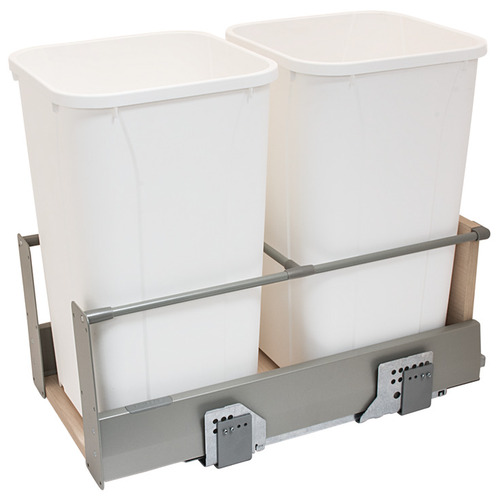 Waste Bin Pull-Out, Hafele Matrix, Double, 2 x 27 qt Frame: champagne, bottom and back: maple melamine, bin: champagne Frame: Steel Bottom & back: Particle board Bin: Plastic