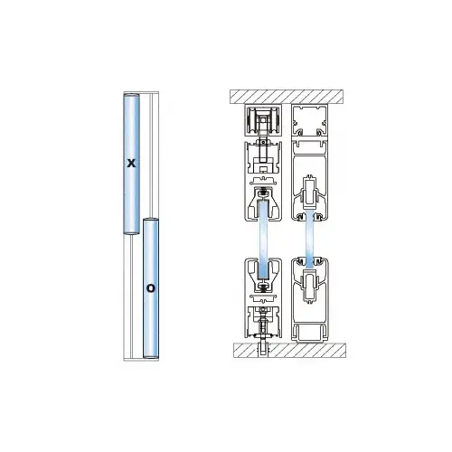 Polished Stainless 2-Panel XO (OX) Bypass Overhead Double Track Sliding Door System