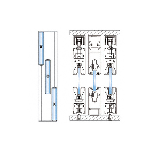 Satin Anodized 3-Panel XOX Bypass Overhead Double Track Sliding Door System