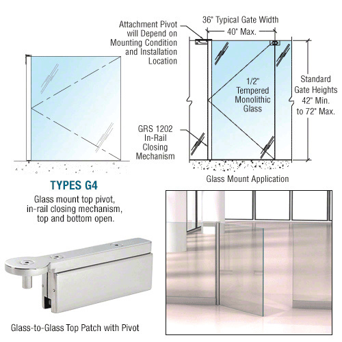 Polished Stainless 1202 Series 36 x 42 Glass-to-Glass Mounted Gate w/In-Rail Closing Mechanism, Top and Bottom Open