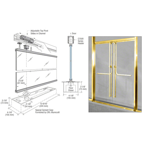 Satin Brass 1301 Entry Door 1/2" Glass w/Fixed Closer and Standard Top Pivot - Entry With Panic