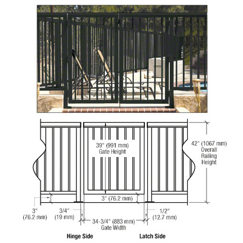 Matte Black 36" 300 Series Aluminum Railing System Gate With Picket for 1/4" to 3/8" Glass